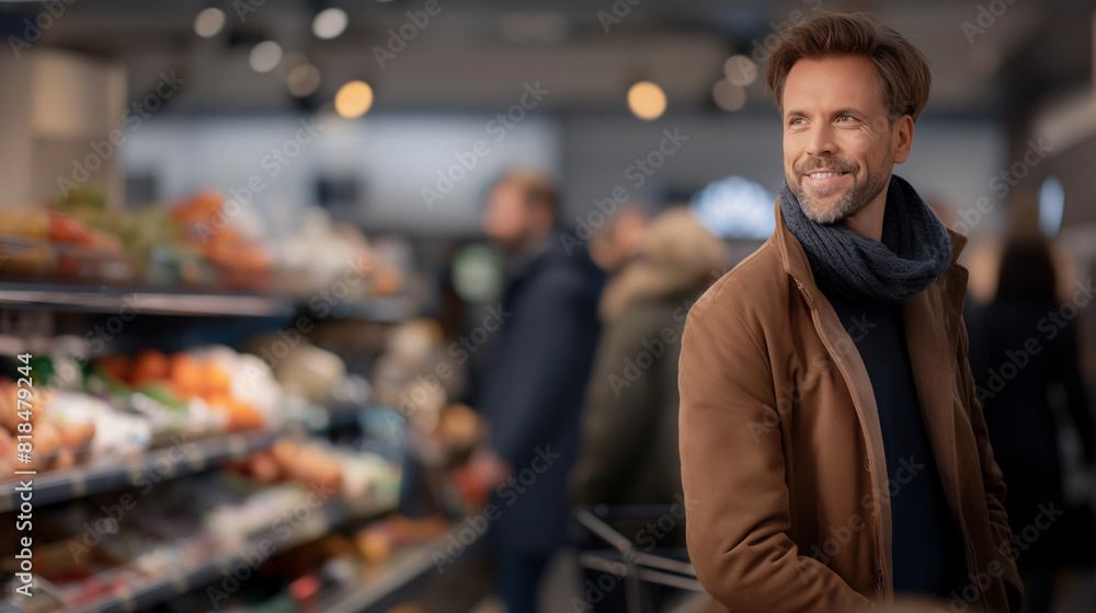 European man is shopping in a supermarket. In the background there are people walking and buying things European man is shopping in a supermarket. In the background there are people walking and buying things