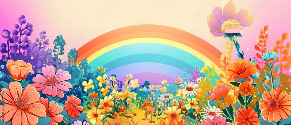 Vibrant Pride-Themed Garden Illustration with Rainbow-Colored Flowers and Copy Space for Messages