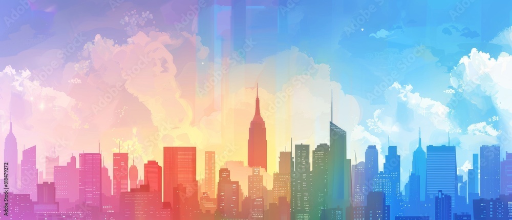 Pride in the City: LGBTQ+ Symbols Integrated in Urban Skyline for LGBTQ+ Awareness and Acceptance Campaigns with Copy Space for Text Illustration