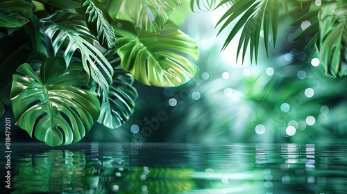 Tropical leaves on water background  Monstera and palm leaves on water.