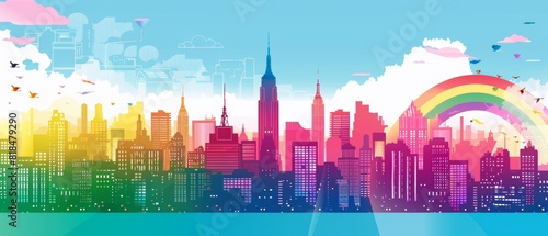 Pride in the City - LGBTQ  Symbols Integrated into Urban Skyline with Copy Space for Text Illustration