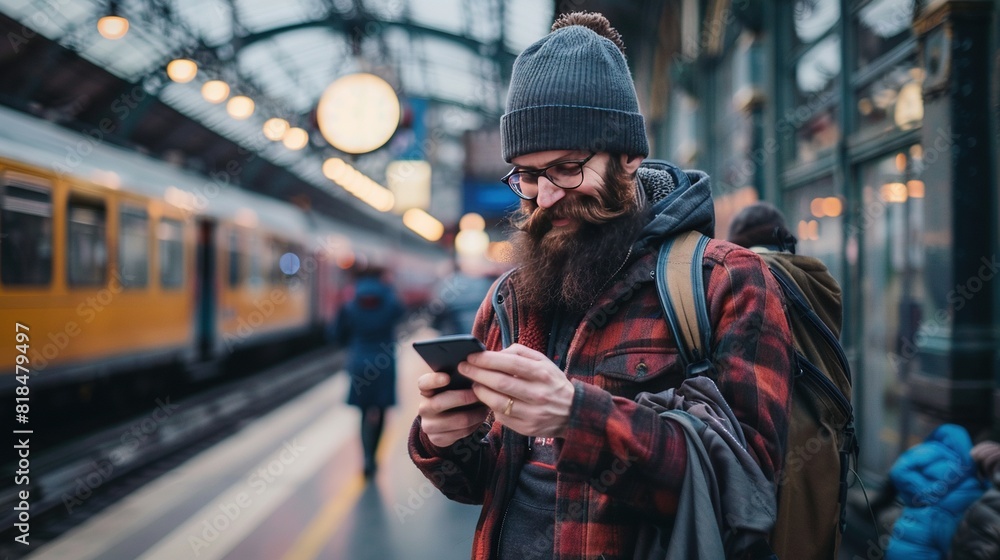 Fototapeta premium Man using smartphone while waiting at a train station.