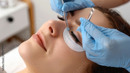 Young woman undergoing eyelash lamination  closeup. Professional service