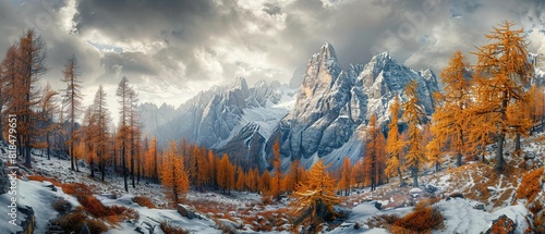 Breathtaking panoramic view of autumn mountain landscape. Wide panoramic format showcasing the vastness of the landscape.