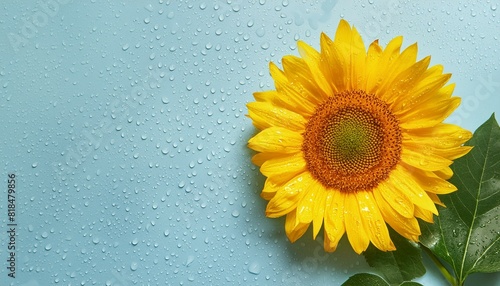 Creative floral concept. Sunny big sunshine yellow sunflower sunflowers with leaf leaves on sky blue background with rain water droplet. Mock up presentation. copy text space. top view  flat lay