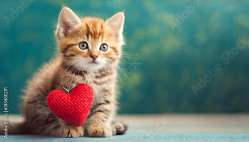 Adorable small red striped kitten with a red heart symbolizing love and affection. Perfect for themes of pet adoption, donations, and Valentine's Day cards, highlighting the joy of loving pets