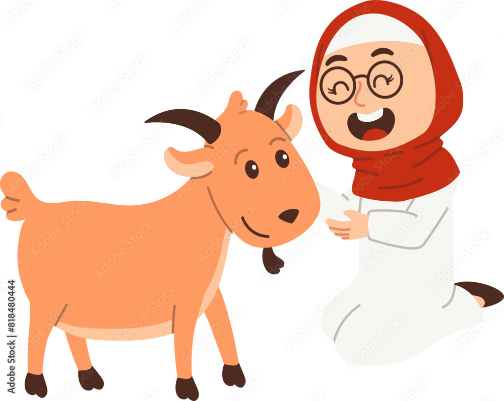 Fototapeta premium Muslim woman character feeding farm goats
