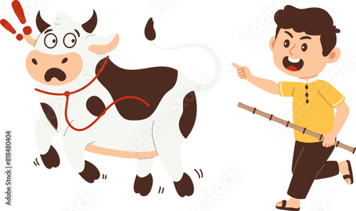 Man with bamboo sticks chase away animal, cows running frightened with scared face