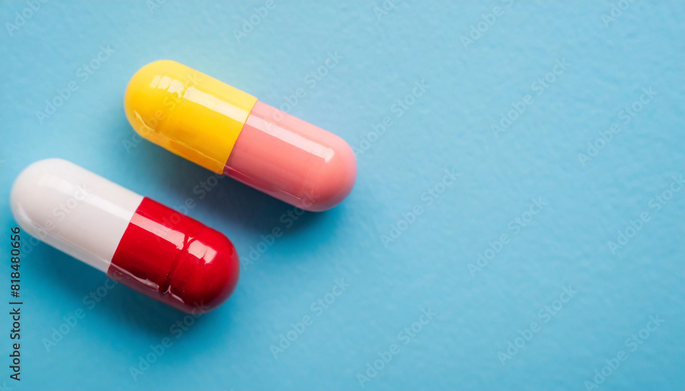 Two colorful medicine pill capsules lie on a light blue background. This top view, flat lay composition offers ample copy space, symbolizing health, medication, and pharmaceutical care Two colorful medicine pill capsules lie on a light blue background. This top view, flat lay composition offers ample copy space, symbolizing health, medication, and pharmaceutical care