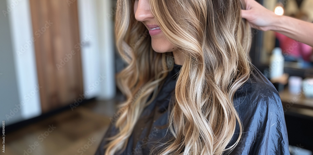 Obraz premium Woman with styled wavy hair. Hairdresser adjusting curls.