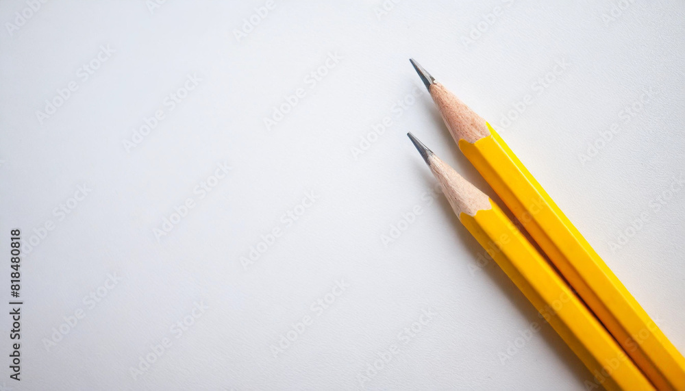 Two yellow pencils placed parallel on a white background with ample caption space on the side. Top view with copy space for text Two yellow pencils placed parallel on a white background with ample caption space on the side. Top view with copy space for text