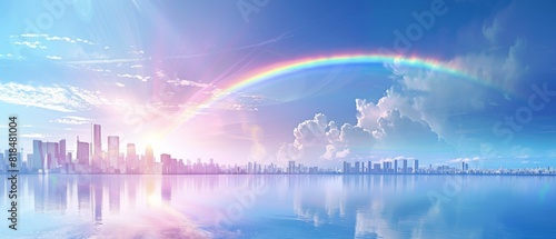 Urban Harmony: Rainbow Over Cityscape - Ideal for Messages and Texts