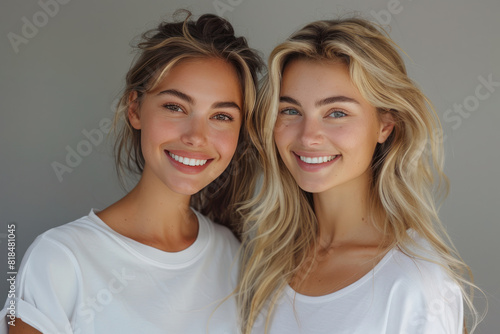 Blonde women wearing white t-shirt smile having a good time together