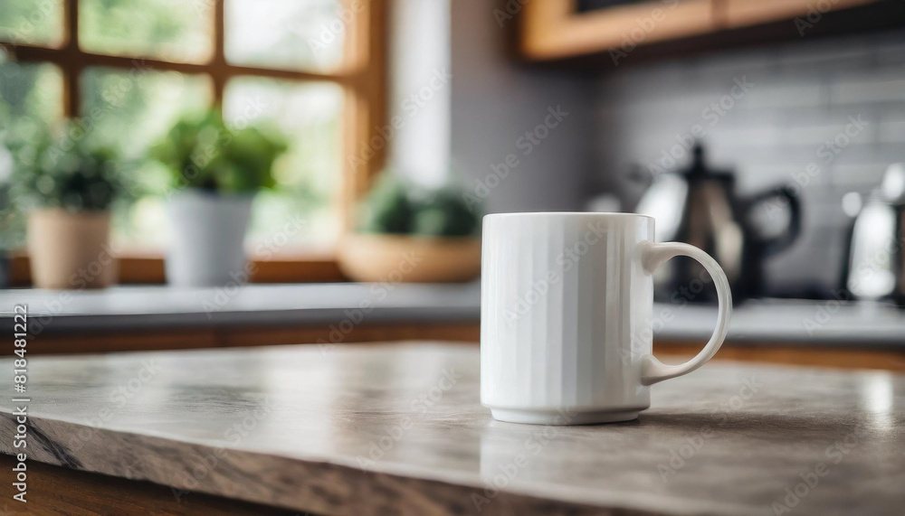white blank coffee mug stands on a tabletop with a blurred kitchen background, symbolizing simplicity and potential, ready for custom designs or messages. Perfect for promoting branding or personal cr white blank coffee mug stands on a tabletop with a blurred kitchen background, symbolizing simplicity and potential, ready for custom designs or messages. Perfect for promoting branding or personal cr