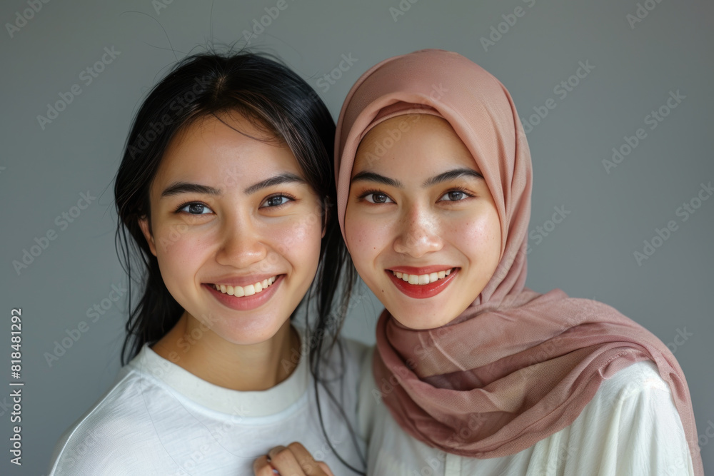 Malay women wearing white t-shirt smile having a good time together Malay women wearing white t-shirt smile having a good time together