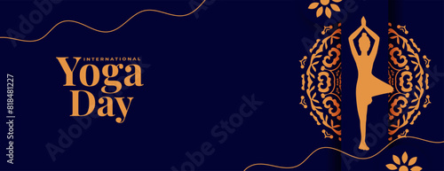 international yoga day purple banner woman in yoga posture