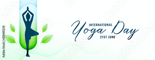 international yoga day white banner with green leaves