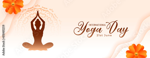 21st june international yoga day event poster with floral decor