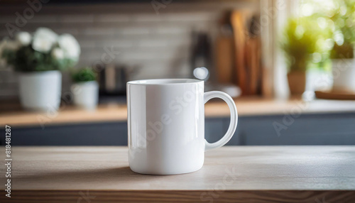 white blank coffee mug stands on a tabletop with a blurred kitchen background, symbolizing simplicity and potential, ready for custom designs or messages. Perfect for promoting branding or personal cr