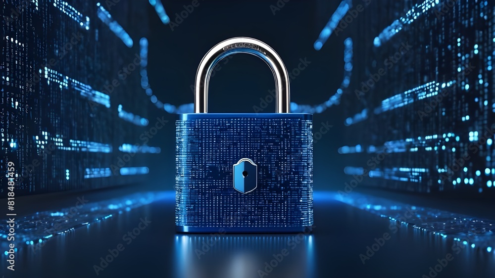 Digital padlock for computing system on dark blue background, cyber security technology for fraud prevention and privacy data network protection concept Digital padlock for computing system on dark blue background, cyber security technology for fraud prevention and privacy data network protection concept