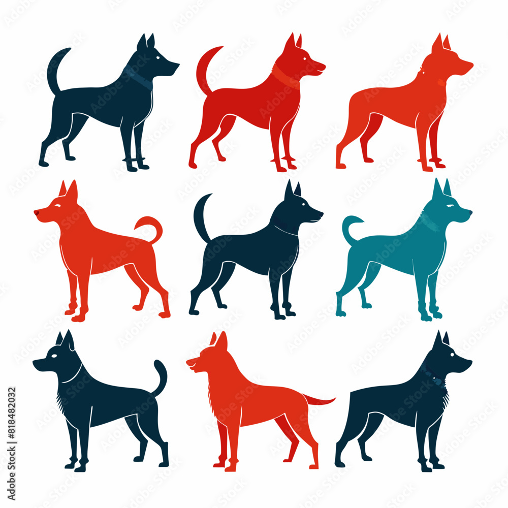Dog Silhouette Designs - Set of 9pcs on White Background