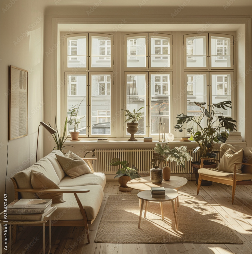 Fototapeta premium Scandinavian living room in light warm tones, some plants, a sofa, coffee table, side chairs, windows, light wood tones
