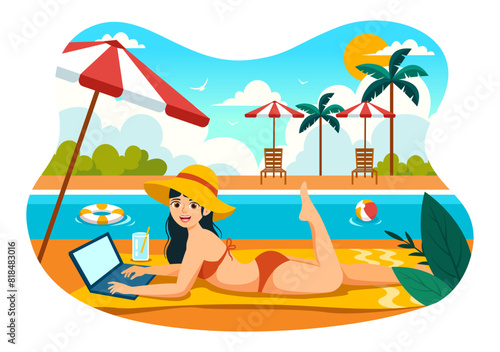 Freelance Workers Relaxing by the Swimming Pool Vector Illustration with Drinking Cocktails and Using Laptops in a Flat Cartoon Style Background