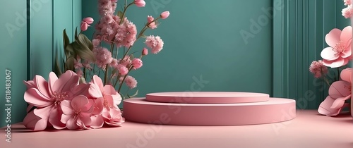 Pink Podium background with flowers, Cosmetic style podium © ASGraphicsB24