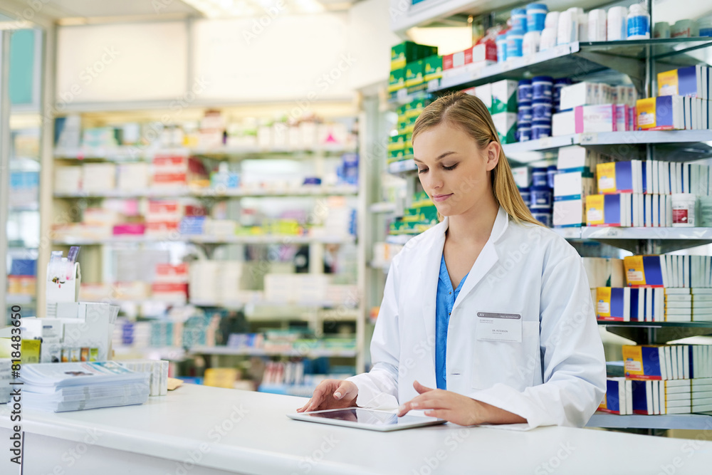 Pharmacy, female pharmacist and digital tablet to order medication, check inventory and inspection. Healthcare, woman or expert and technology for research information, pills and prescription