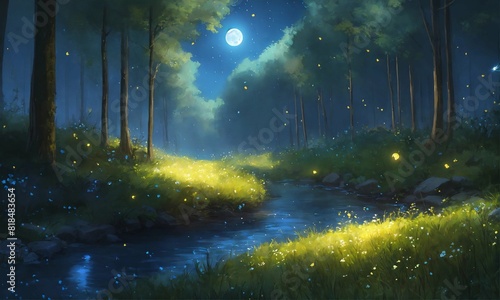 the silver glow of the moon illuminates a tranquil forest. wisps of mist float above a gentle stream  and fireflies dance in the air. medium digital art. 
