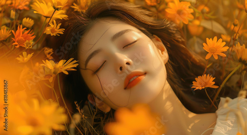 a pretty woman in her early twenties with long  wavy hair and light brown eyes lying on the ground amidst vibrant wildflowers