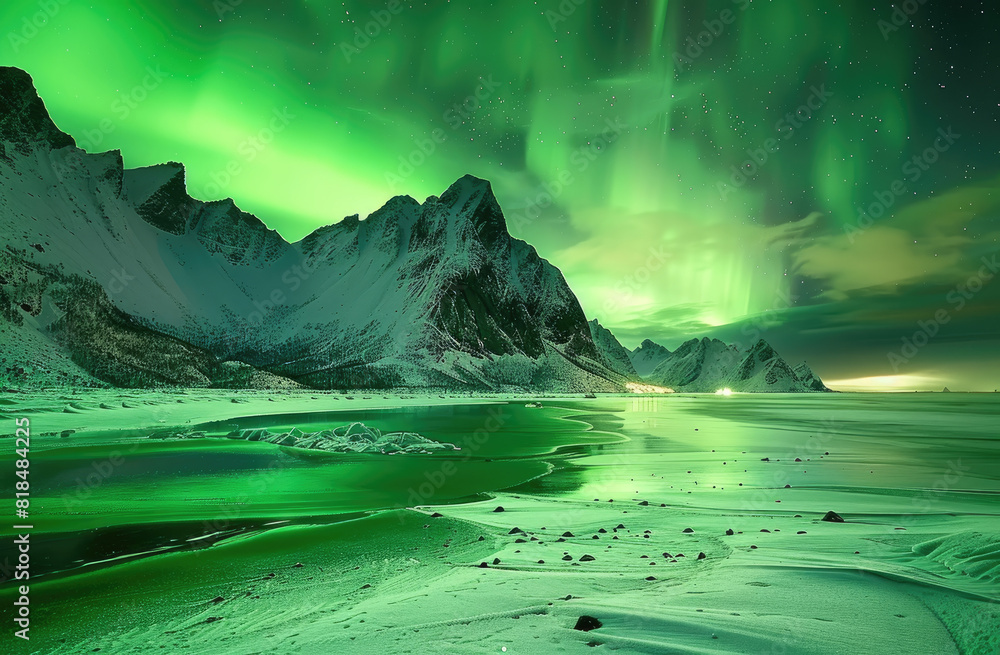 The Northern Lights dance above the snow covered mountains of Lofoten, Norway, creating an enchanting and mystical display in the night sky