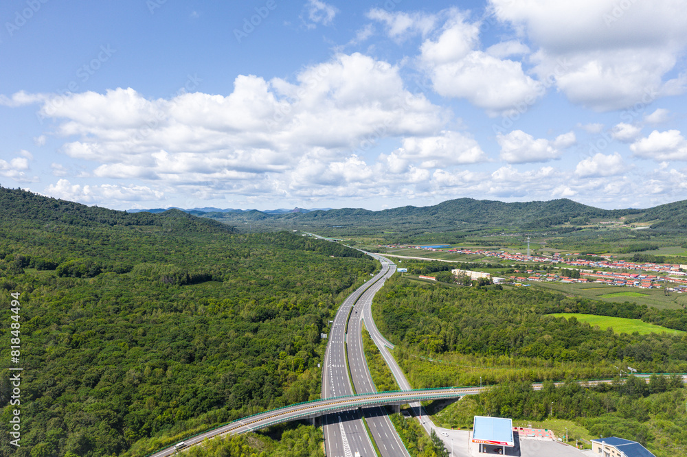 Aerial photography of the highway passing through the Changbai Mountains