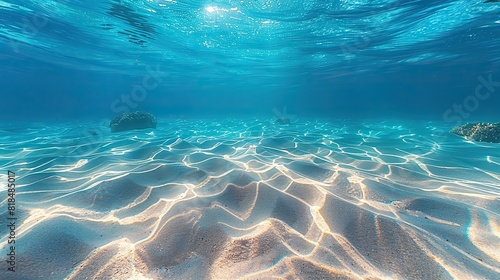 seabed sand with blue tropical ocean above empty underwater background with the summer sun shining brightly creating ripples in the calm sea water.stock photo photo