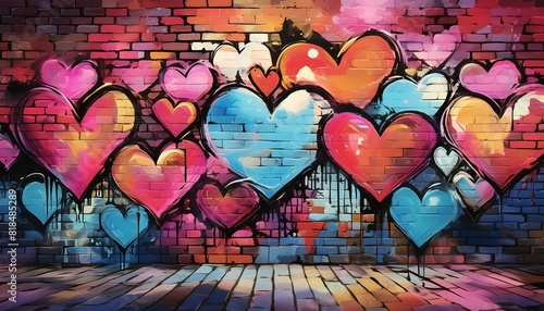 Brick wall with painted hearts in graffiti style.