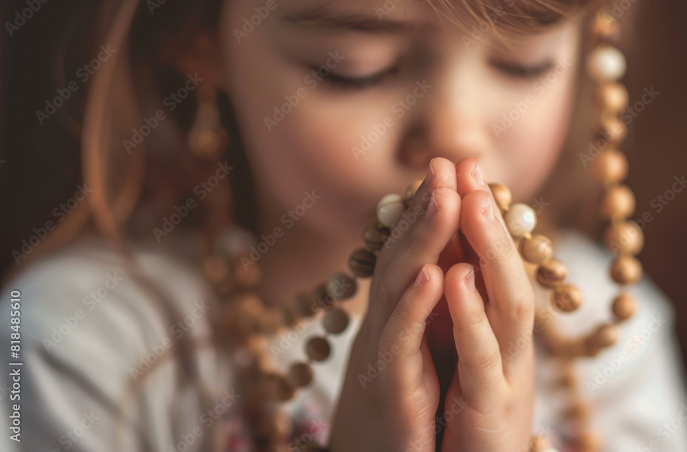 A closeup of the child's hands, holding rosary beads and clasped together in prayer, with their eyes closed as they meditate on divine energy