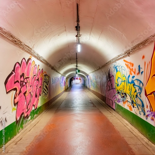 Tunnel with bright graffiti art on the walls.