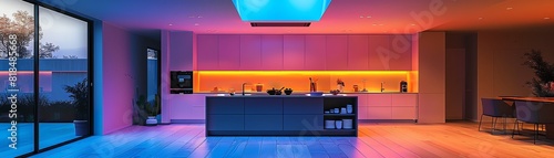 Envision a kitchen with a modern minimalist design, featuring skylights and colored lights for a vibrant atmosphere photo