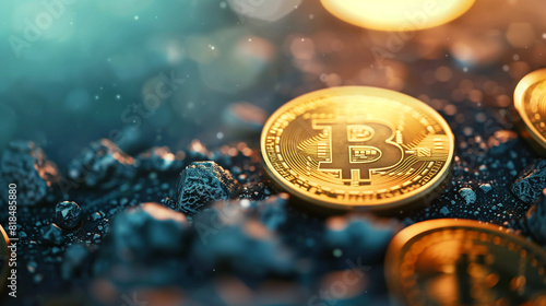 a Bitcoin golden coin, on a dark, rocky surface, illuminated with cool, blue-green light, creating a stark contrast with the golden coin, a mystical and serene ambiance photo