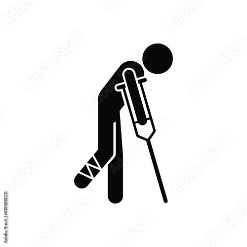 Disabled Person with Leg Injury icon Standing with Crutches, Leg Bandaged, symbol