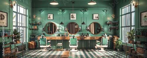 Create a visually stunning image of a mens barber shop, emphasizing the mint green color scheme and the modern aesthetic with hyperrealistic detail photo