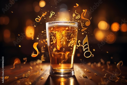Close-up of a glass of beer with musical notes. photo