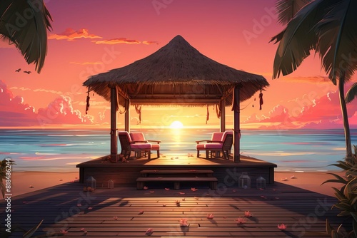 Thatched beach hut on the tropical beach at sunset. photo
