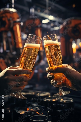 Two glasses of beer with foam on a dark background. The concept of celebration and toasting.