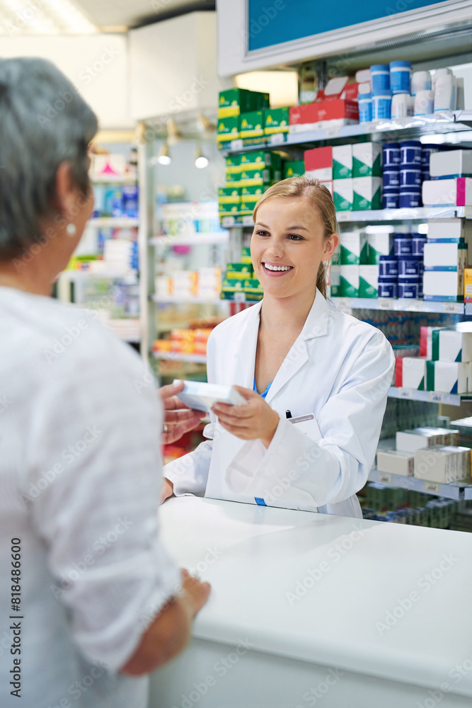 Pharmacy, shopping and customer buying medicine, pills or drugs in box for healthcare and service. Happy, pharmacist and woman in store with sale advice, offer or choice of supplements at drugstore