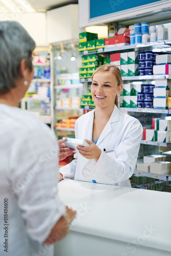 Pharmacy, shopping and customer buying medicine, pills or drugs in box for healthcare and service. Happy, pharmacist and woman in store with sale advice, offer or choice of supplements at drugstore