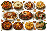 A collection of realistic images featuring various autumn dishes, including turkey with buttered carrots and pumpkin pie, surrounded by pumpkins