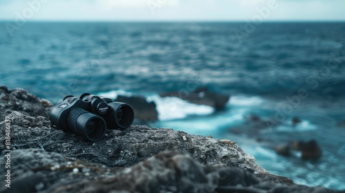 A pair of binoculars rests on a sturdy rock overlooking the ocean, where wind waves crash against the rocky shores and liquid water meets solid bedrock AIG50