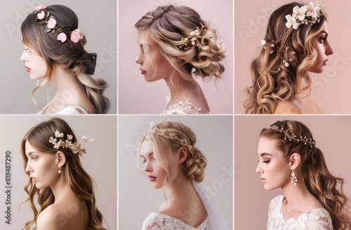 A collection of wedding hair styles for the bride, featuring different hairstyles and accessories like flowers or ribbons.