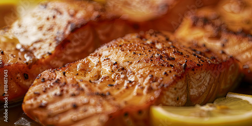close up of perfectly seared salmon fillets, generative AI
